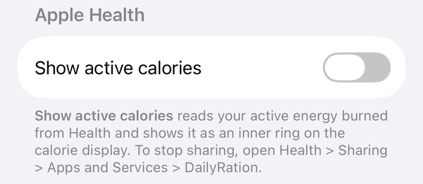 Apple Health settings - Show active calories toggle