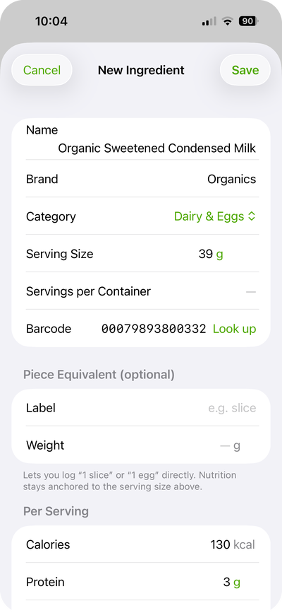 New ingredient editor with category prefilled from a barcode scan