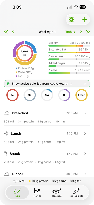 The Log screen with the Show active calories from Apple Health prompt