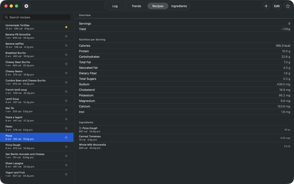 macOS recipe list with full nutrition, split view (dark)