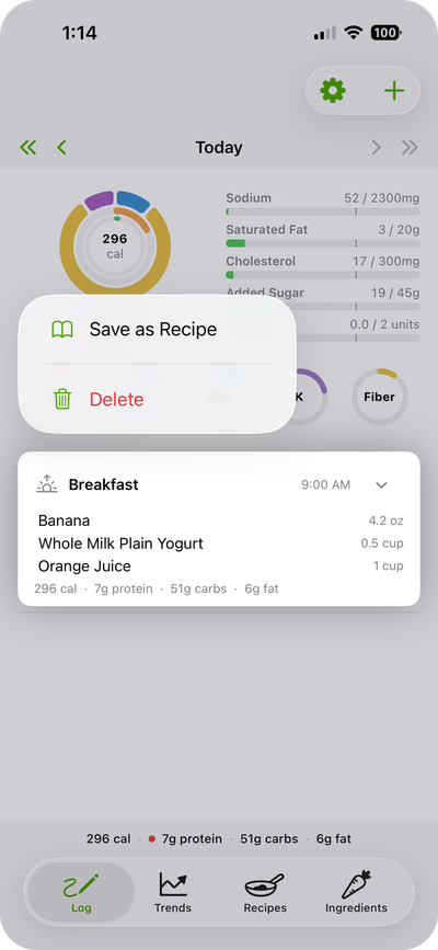 Save as Recipe from a logged meal