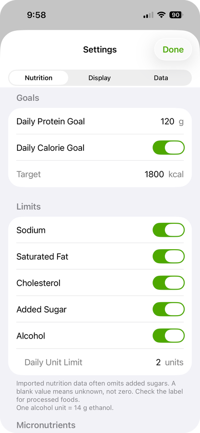 Settings - Nutrition tab